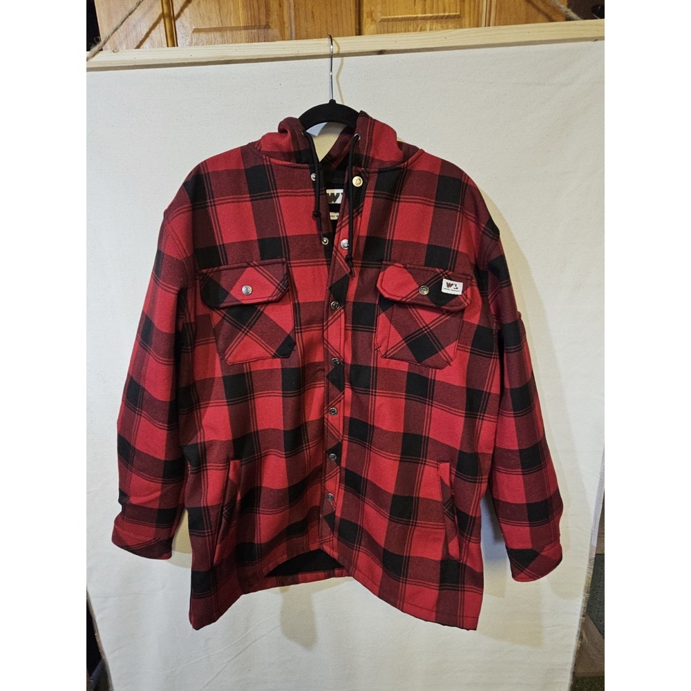 Wells Lamont Jacket Mens Medium Red Buffalo Plaid Hooded Snap Flannel Shacket